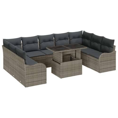10-dijelni vrtni sofa set s jastučićima siva poli ratan, 2-sjedala vrtna sofa s spremnikom i jastučićima siva poli ratan Cijena