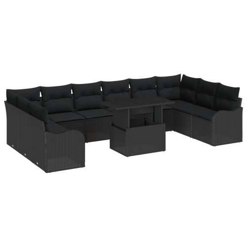set vrtnih sofa od 11 dijelova s jastučićima crni poli ratan, dvosjedna vrtna sofa s spremištem i jastučićima crni poli ratan Cijena