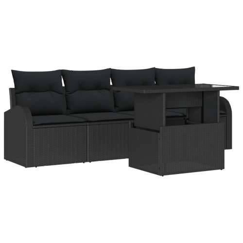 Vrtna garnitura - 5-dijelni set vrtnih sofa s jastuči, crni poliratan, 2-sjedalna vrtna sofa s ladicom i jastuči crni poliratan Cijena