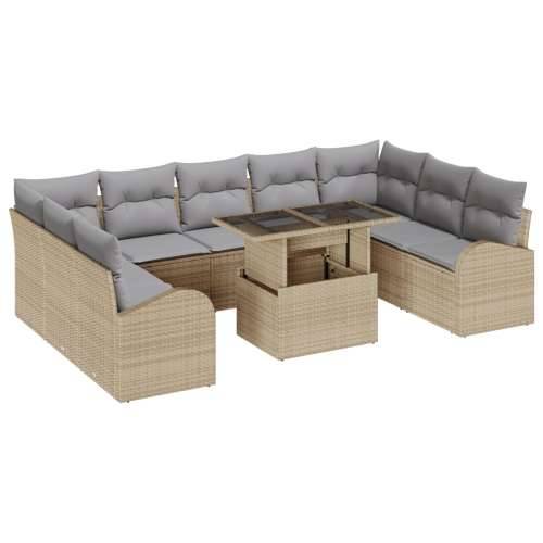 set od 10 komada vrtnih sofa s jastucima bež poli ratan, 2-sjedna vrtna sofa s odlaganjem i jastucima bež poli ratan Cijena