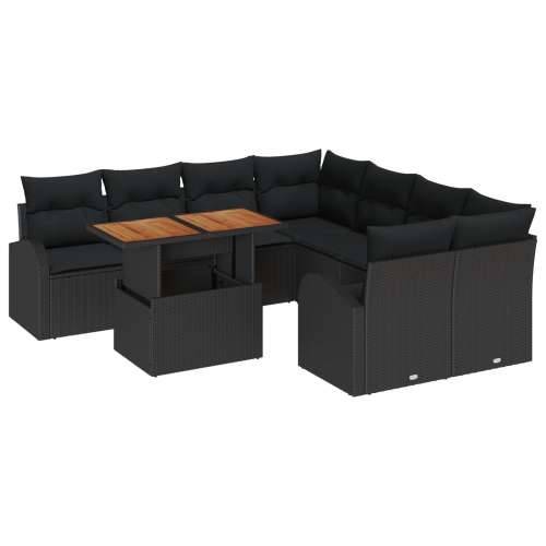 9-dijelni set sofas za vrt s jastučićima crni poliratan, 2-sjedalna vrtna sofa s spremnikom i jastučićima crni poliratan Cijena