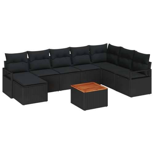 Vrtna garnitura - 9-dijelni set vrtnih sofa s jastučićima, crni poli ratan, drvo bagrema, 2-sjedna vrtna sofa s jastučićima, crn Cijena