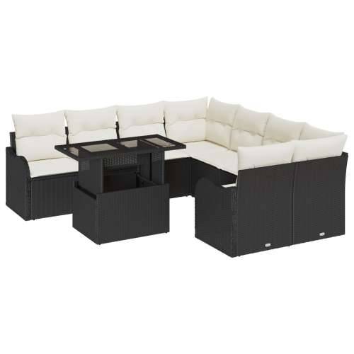 9 komada vrtni sofa set s jastucima crni poliratan, 2-seater vrtni sofa s jastucima crni poliratan Cijena