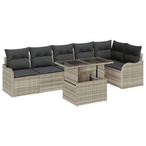 7-dijelni vrtni sofa set s jastucima svijetlosiva poli ratan, 2-sjedalna vrtna sofa s jastucima svijetlosiva poli ratan Cijena