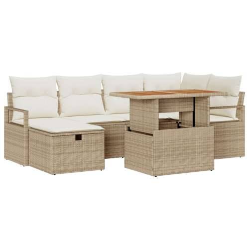 7-dijelni vrtni set sofa s jastučićima bež poli ratan, 2-sjedalna vrtna sofa s jastučićima bež poli ratan Cijena