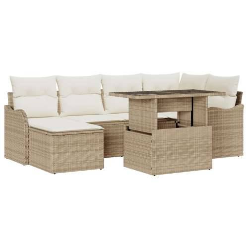 7-dijelni Vrtni Sofa Set s Jastucima Bež Poly Ratan, 2-sjedalni Vrtni Sofa s Jastucima Bež Poly Ratan Cijena