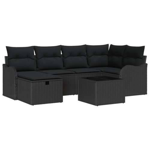 set od 7 dijelova vrtnih sofa s jastučićima crni poli ratan, 2-sjedna vrtna sofa s pohranom i jastučićima crna poli ratan Cijena