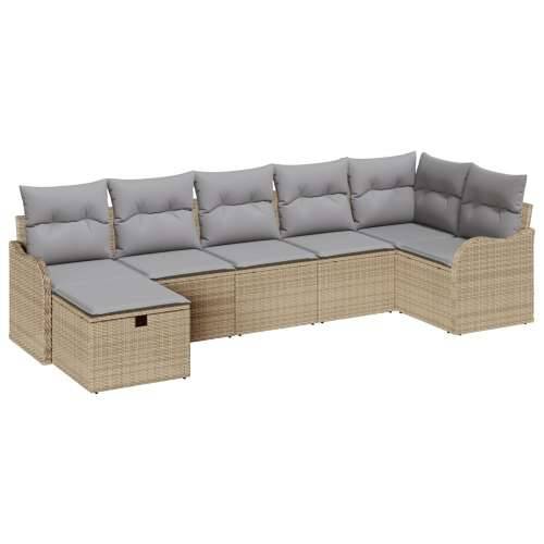 7-dijelni vrtni sofa set s jastučićima bež poli ratan, 2-sjedalni vrtni kauč s pohranom i jastučićima bež poli ratan Cijena