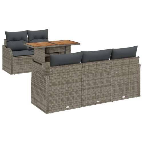 6 Komada Vrtni Sofa Set s Jastučićima Sivi Poli Ratan Akacija, Sofa za Dvoje s Jastučićima Sivi Poli Ratan Cijena