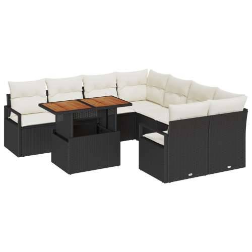 9 Dijelni Vrtni Set Sofa s Jastučićima Crni Poliratan Akacija, 2-Sjedala Vrtna Sofa s Jastučićima Crna Poliratan Cijena