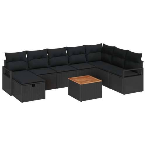 Vrtna garnitura - 9-dijelni set vrtnih sofa s jastučićima crnog poli ratana, 2-sjedalna vrtna sofa s skladištem i jastučićima cr Cijena