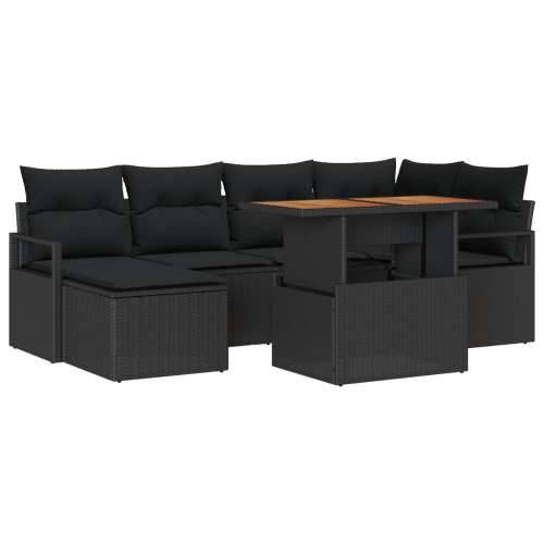 set vrtnih sofa od 7 dijelova s jastučićima Crna Poly Ratan Akacija, 2-sjedna vrtna sofa s jastučićima Crna Poly Ratan Cijena