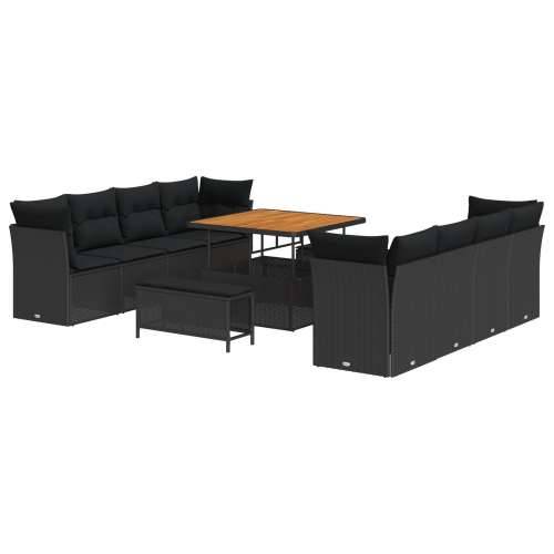 11-Komadni Vrtni Sofa Set s Jastučićima Crni Poli Ratan Akacija, 3-Komadni Vrtni Set za Jelo s Jastučićima Crni Poli Ratan Akaci Cijena