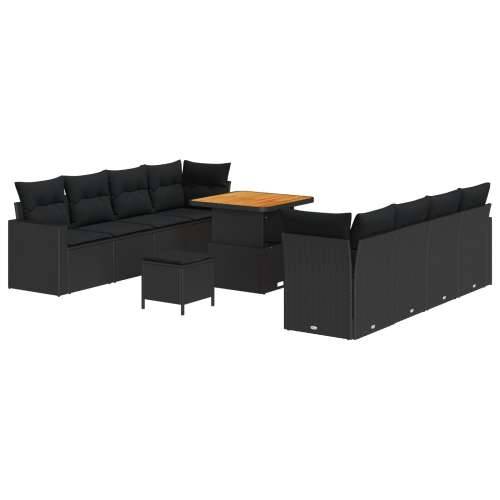11-dijelni Vrtni Sofa Set s Jastucima Crni Poli Ratan Akacija, 3-dijelni Vrtni Set za Jelo s Jastucima Crni Poli Ratan Akacija Cijena