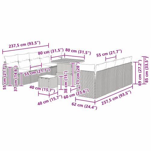 Set od 11 komada Vrtne Sofa s jastučićima Bež Poly Rattan Akacija Cijena