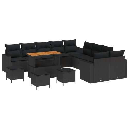 14 Komadna Vrtna Sofa s Jastucima Crni Poli Rattan Akacija, 4 Komadni Vrtni Set za Ručavanje s Jastucima Crni Poli Rattan Akacij Cijena