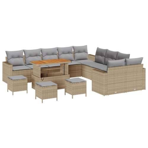 14-dijelni vrtni set sofa s jastučićima bež poli ratan akacija, 4-dijelni vrtni set za blagovanje s jastučićima bež poli ratan a Cijena