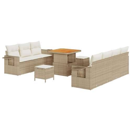Vrtna garnitura - 10-dijelni set vrtnih sofa s jastucima bež poli ratan akacija, 3-dijelni set vrtne blagovaonice s jastucima be Cijena