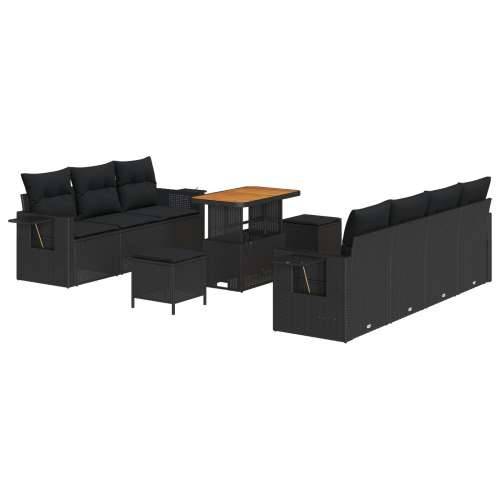 10-dijelni vrtni set sofa s jastučićima crni poli ratan akacija, Vrtna garnitura - 3-dijelni vrtni blagovaonski set s jastučićim Cijena