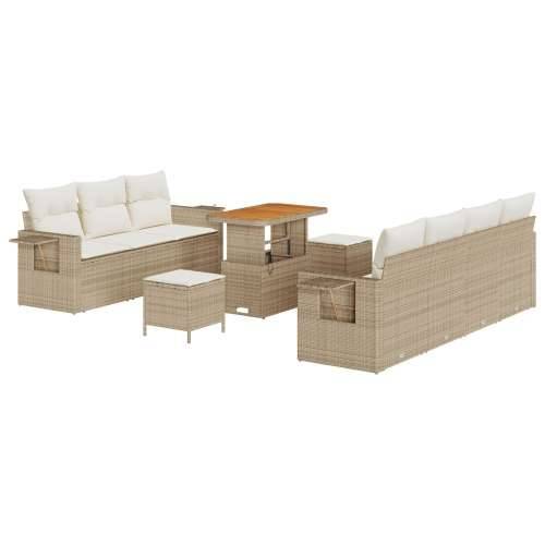 10-dijelni Vrtni Sofa Set s Jastučićima Bež Poli Ratan Akacija, 3-dijelni Vrtni Set za Jelo s Jastučićima Bež Poli Ratan Akacija Cijena