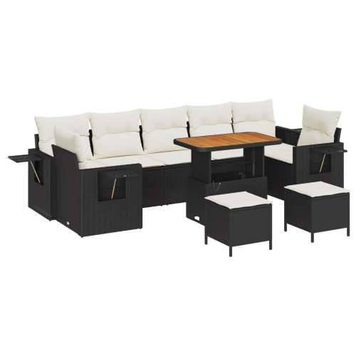 10 dijelni vrtni set sofa s jastučićima crni poli ratan acacia, 3 dijelni vrtni blagovaonski stol i stolice s jastučićima crni p Cijena