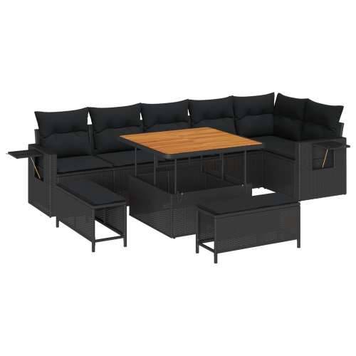 9-komadni Vrtni Sofa Set s Jastucima Crni Poli Ratan Akacija, 3-komadni Vrtni Set za Ručavanje s Jastucima Crni Poli Ratan Akaci Cijena