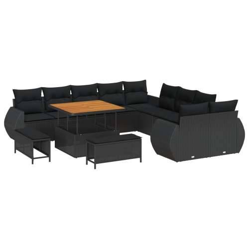 Vrtna garnitura - 13-dijelni set vrtnih sofa s jastucima Crni Poliratan Akacija, 3-dijelni set vrtnih stolica s jastucima Crni P Cijena