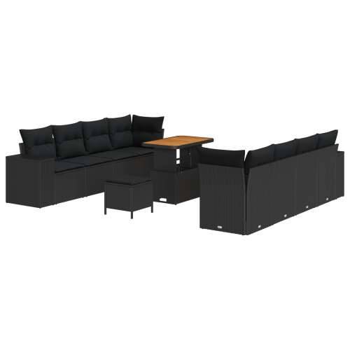11-dijelni vrtni sofa set s jastučićima crni poli ratan akacije, Vrtna garnitura - 3-dijelni vrtni blagovaonski set s jastučićim Cijena