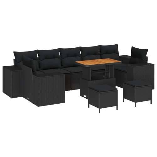 10 Djelni Vrtni Sofa Set s Jastučićima Crni Poli Ratan Akacija, 3 Djelni Vrtni Niskotlačni Set s Jastučićima Crni Poli Ratan Aka Cijena