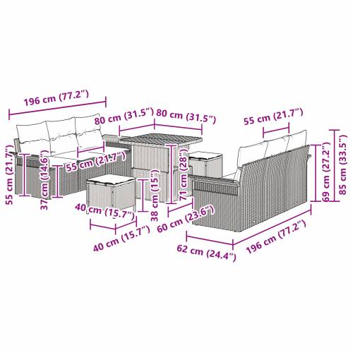 9-dijelni vrtni set sofa s jastučićima crni poli ratan acacia Cijena