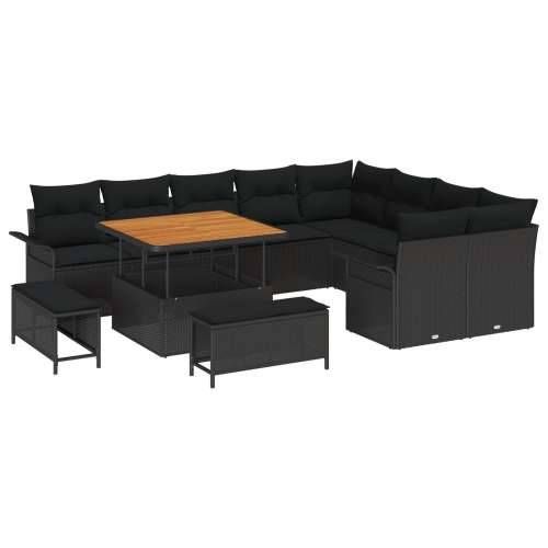 12-Komadni Vrtni Sofa Set s Jastucima Crni Poli Ratan Bagrem, 3-Komadni Vrtni Set za Jelo s Jastucima Crni Poli Ratan Bagrem, Dv Cijena