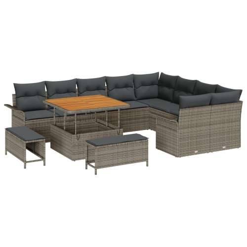12-dijelni vrtni set sofa s jastučićima siva poli ratan akacija, 3-dijelni vrtni blagovaonski stol i stolice s jastučićima siva  Cijena