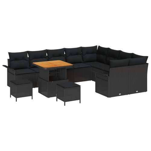 12 komada set vrtnih sofa s jastucima crni poli ratan akacija, 3 komada set vrtnih stolica s jastucima crni poli ratan akacija,  Cijena