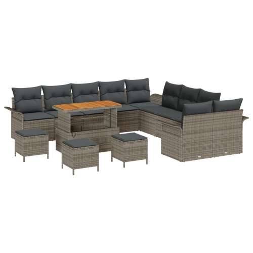 Vrtna garnitura - 14-dijelni set vrtnih sofa s jastučićima siva poly ratan acacia, 2 sjedala sofa s jastučićima siva poly ratan, Cijena