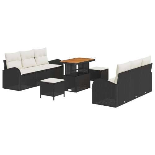 9-Dijelni Vrtni Sofa Set sa Jastučićima Crni Poli Ratan Akacija, 2-Sjedalni Vrtni Sofa sa Jastučićima Crni Poli Ratan, 3-Dijelni Cijena