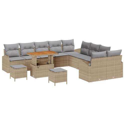 Set vrtnog kauča od 13 dijelova s jastučićima bež poli rattan akacija, Kauč za vrt s jastučićima za 2 osobe bež poli rattan, 3-d Cijena