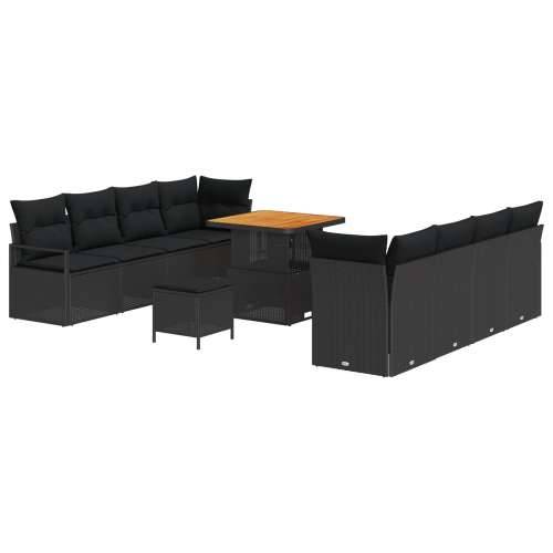 set vrtnog kauča od 11 dijelova s jastučićima Crni poly ratan Acacia, 2-sjedna vrtna sofa s jastučićima Crni poly ratan, 3-dijel Cijena