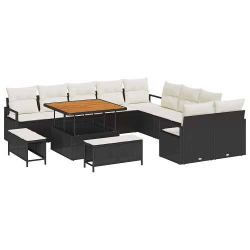 Vrtna garnitura - 13-dijelni set vrtnih sofa s jastučićima - Crni poliratan akacija, 2-sjedna vrtna sofa s jastučićima - Crni po Cijena