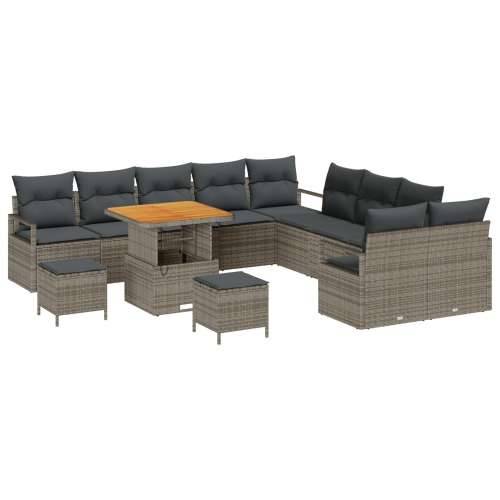 13-dijelni set vrtnog namještaja s jastučićima sivi poli ratan akacija, 2-sjedalna vrtna sofa s jastučićima sivi poli ratan, 3-d Cijena