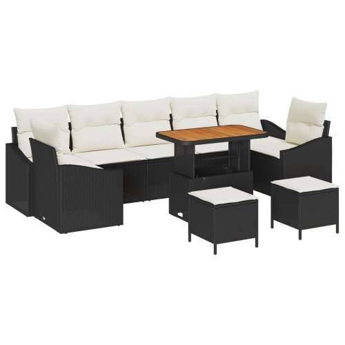 10-Dijelni Vrtni Sofa Set s Jastučićima Crni Poli Ratan Akacija, 2-Sjedala Vrtni Sofa s Jastučićima Crni Poli Ratan, 3-Dijelni V Cijena