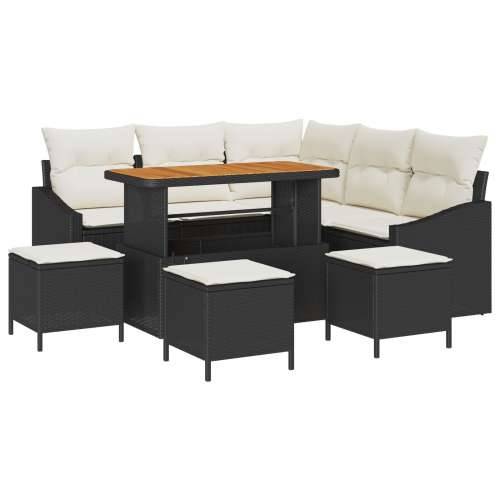 Vrtna garnitura - 9-dijelni set vrtnih sofa s jastučićima crna poli ratan acacia, 2-sjedalna vrtna sofa s jastučićima crna poli  Cijena