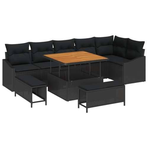 Set od 9 Dijelova Vrtne Soffe s Jastučićima Crna Poliratan Akacija, 2-Sjedna Vrtna Sofa s Jastučićima Crna Poliratan, Set od 3 D Cijena