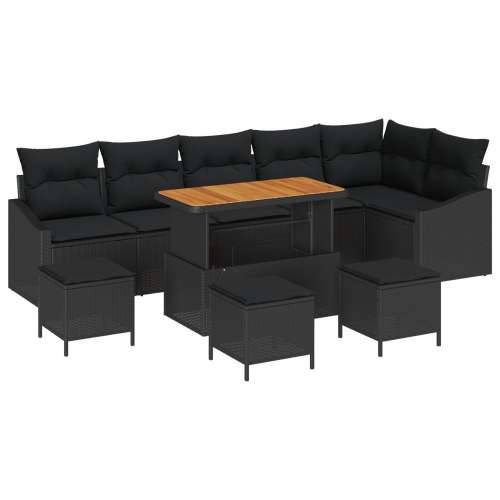 10 Djelni Vrtni Sofa Set s Jastučićima Crni Poliratan Akacija, Dvosjedni Vrtni Sofa s Jastučićima Crni Poliratan, 4 Djelni Vrtni Cijena