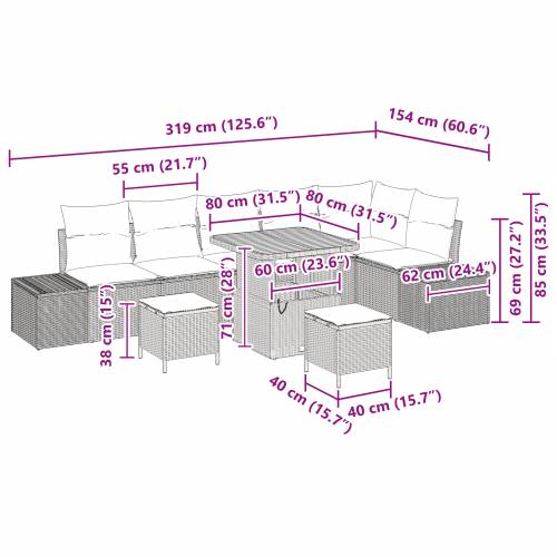 9 komadni vrtni sofa set s jastucima crni poli ratan akacija Cijena