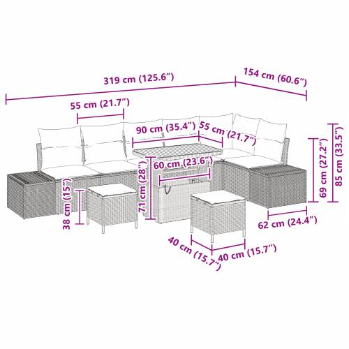 set od 9 dijelova gardinskog sofa s jastučićima bež poli ratan akacija Cijena