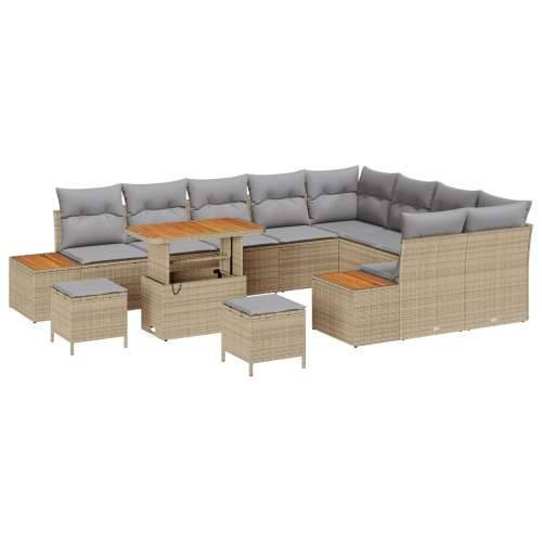 12-dijelni vrtni sofa set s jastučićima Bež poli ratan akacija, 3-dijelni vrtni blagovaonski stol i stolice s jastučićima Bež po Cijena
