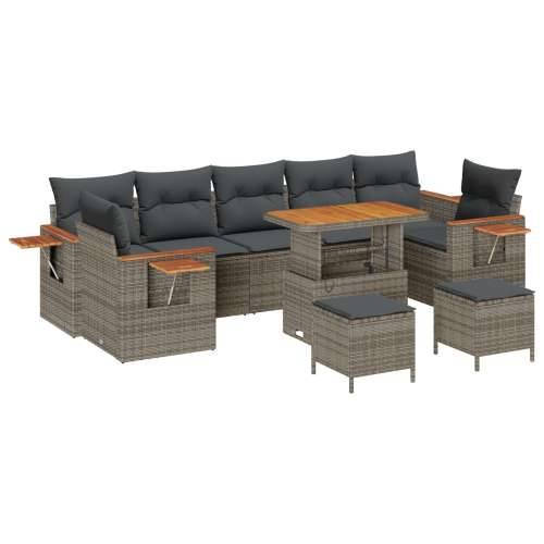 10 komada vrtni sofa set s jastučićima sivi poli ratan akacija, 3 komada vrtni blagovaonski set s jastučićima sivi poli ratan ak Cijena