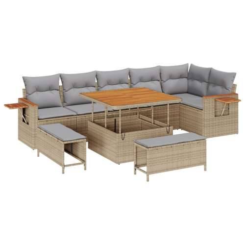 9 Komadna Vrtna Sofa Set s Jastučićima Bež Poly Rattan Acacia, 3 Komadni Vrtni Set za Jelo s Jastučićima Bež Poly Rattan Acacia Cijena