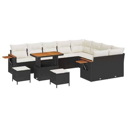 set od 12 dijelova vrtnih sofa s jastučićima crni poli ratan akacija, set od 3 dijela vrtne blagovaonice s jastučićima crni poli Cijena