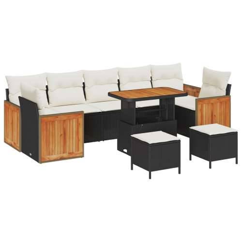 10 komada vrtni set sofa s jastucima crni poliratan akacija, 2-sjedna vrtna sofa s jastucima crni poliratan, 3 komada vrtni blag Cijena